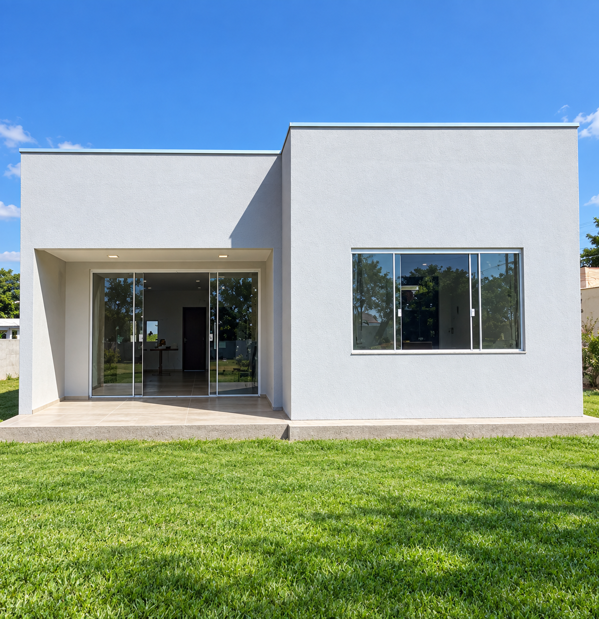 Casa em Light Steel Frame finalizada e entregue, com fachada externa completa e área social integrada ao exterior